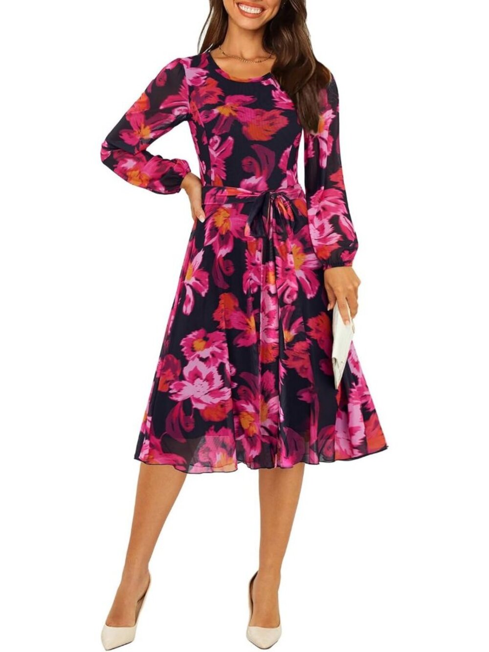 Floral Mesh Long Sleeve Midi Dress for Women - Perfect for Fall 2026 Style